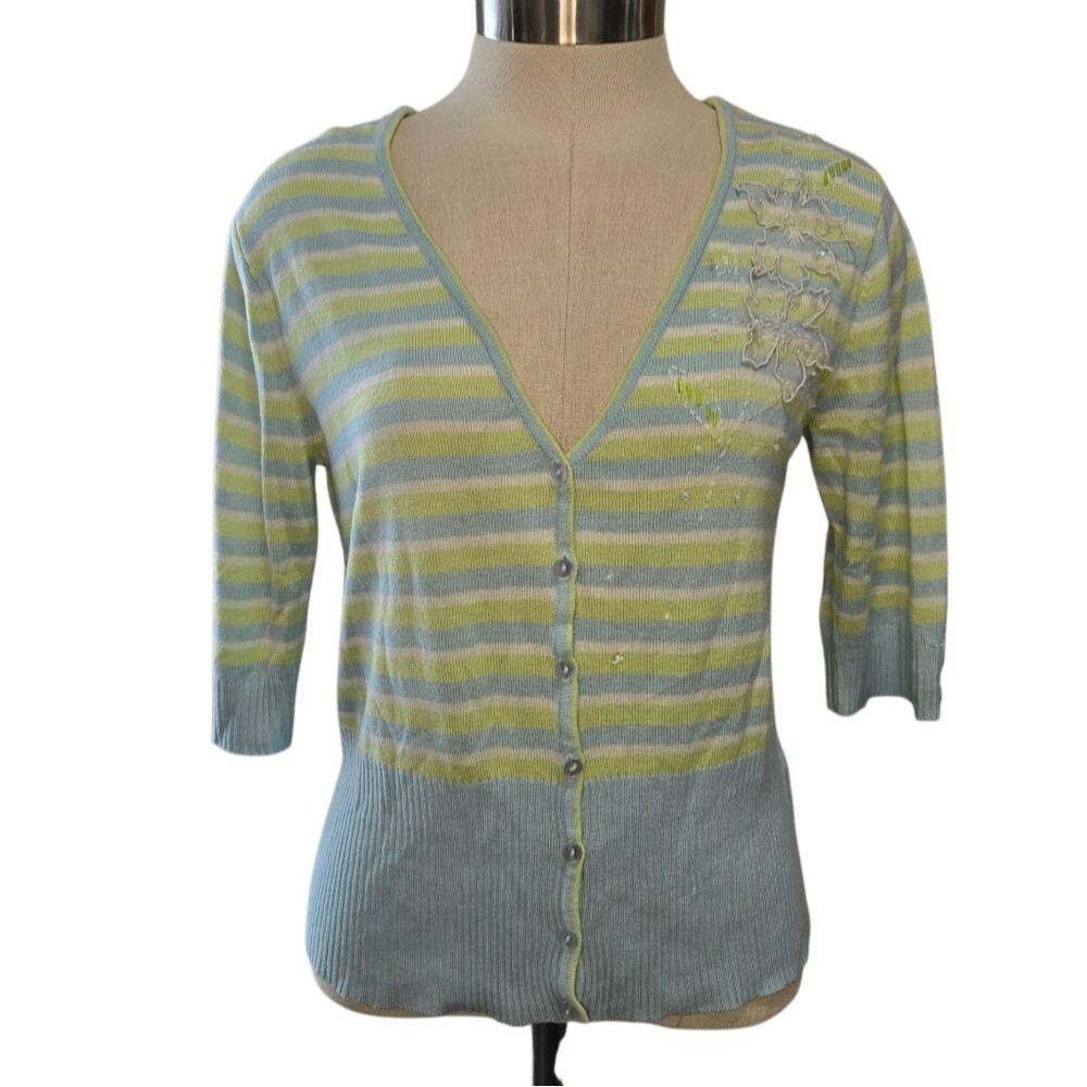 A Line Striped Cardigan Floral Embroidery